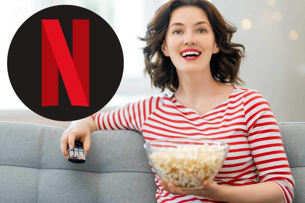 Donna con telecomando e pop corn, logo Netflix