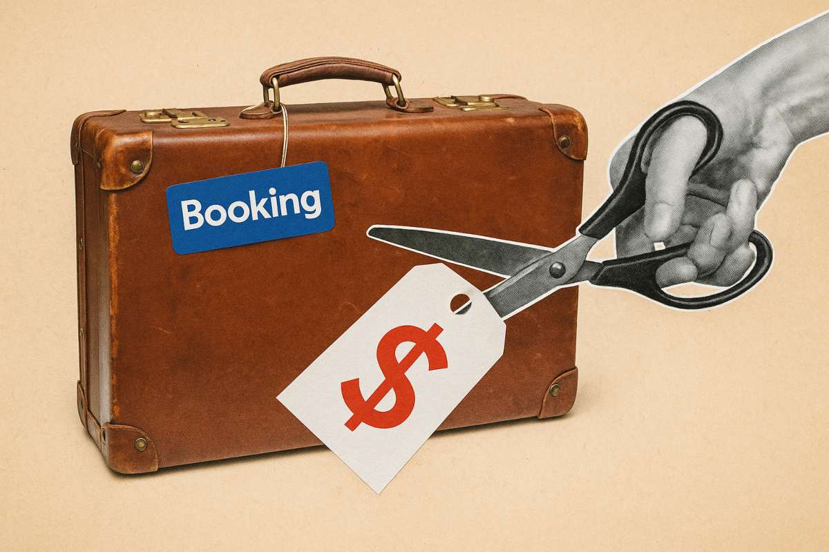 Illustrazione forbici che tagliano l'etichetta dei soldi e una valigia con scritto Booking